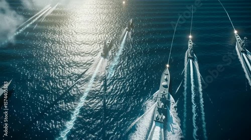 High-tension military standoff with modern warships aligned across open ocean