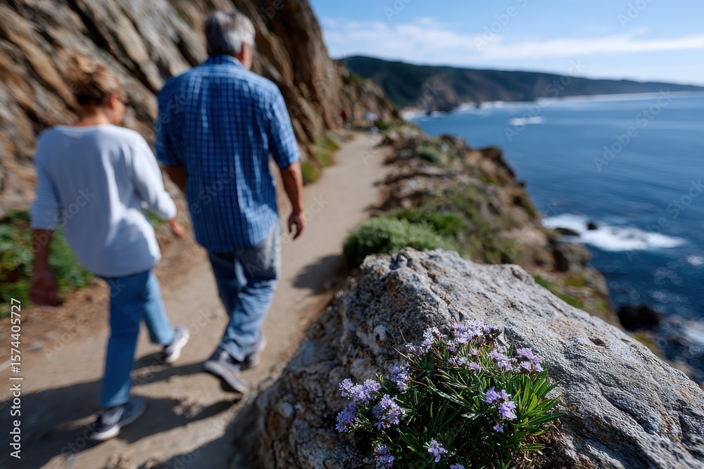 Naklejka premium A couple enjoying a peaceful walk along a beautiful coastal trail, surrounded by rocks and colorful flowers, evoking feelings of love, joy, and connection with nature.