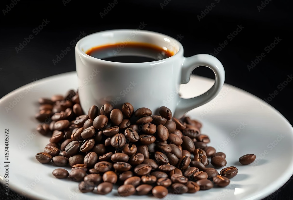 Fototapeta premium White coffee cup on saucer, coffee beans and grounds cascade artistically on dark background, coffee shop, beverage