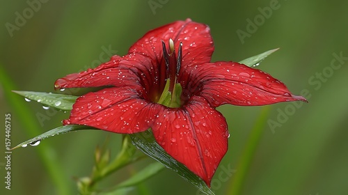 Close-up of a vibrant red flower covered in water droplets.