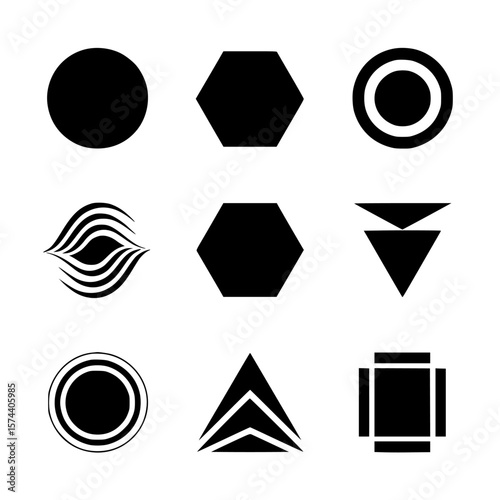 Geometric Shape Assortment: An assortment of simple, stark, geometric shapes in a symmetrical array against a flat canvas, suitable for any design project requiring fundamental design elements.