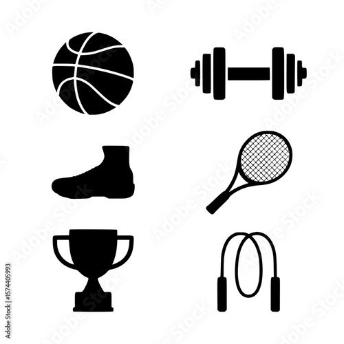 Sport Equipment Icons: A set of six monochrome icons depicting various sports equipment including a basketball, dumbbell, athletic shoe, tennis racquet, trophy cup and jump rope.