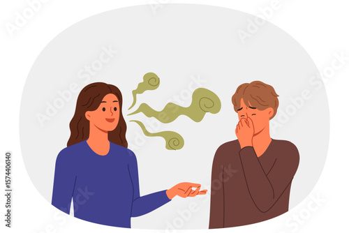 Stinky breath woman with bad teeth or caries irritates guy covering nose and making dissatisfied grimace. Stinky breath problem in person who does not follow hygiene rules and avoids visiting dentist