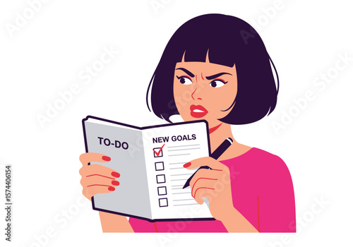 Concentrated Woman with Bob Haircut Reviewing To-Do List and New Goals.