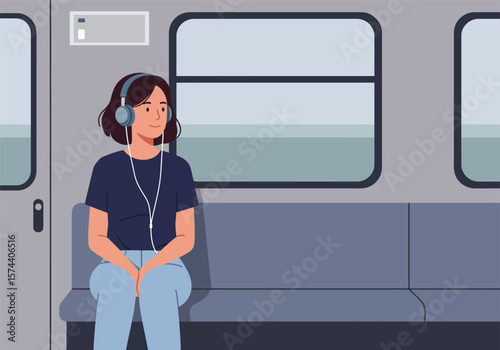 Young Woman Listening to Music on Headphones Sitting in Subway Car.