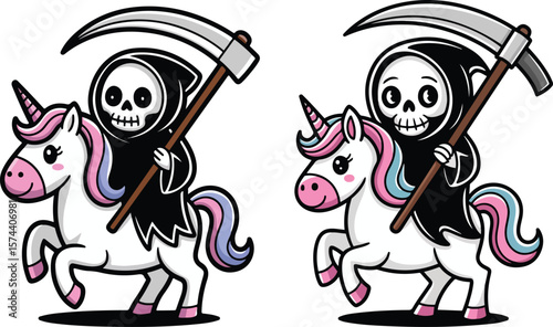 Whimsical Grim Reaper Rides Adorable Unicorns, Blending Fantasy and Morbidity in a Playful Design.