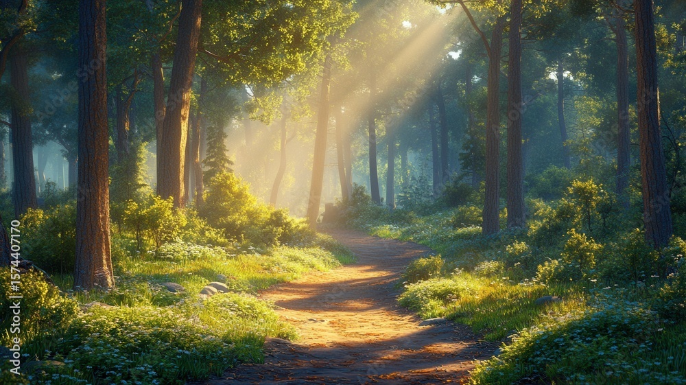 Obraz premium Sunlit Forest Path with Glowing Sunbeams forest path sunbeams nature trail woods trees sunlight glow