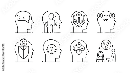 Comprehensive Psychotherapy Types Line Icon Set A diverse collection of linear icons representing various therapy approaches and mental health concepts on transparent background