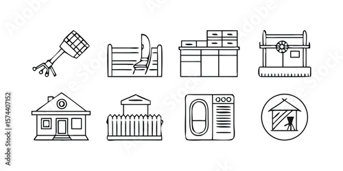 Comprehensive Power Washing Line Icon Set for Cleaning Services on Transparent Background Includes various equipment tools and cleaning actions represented in a modern minimalist style