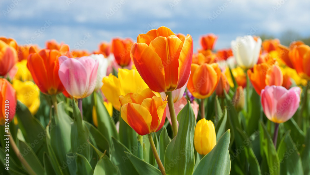 Vibrant orange and pink tulips blooming under a blue sky yellow white Vibrant orange and pink tulips blooming under a blue sky yellow white