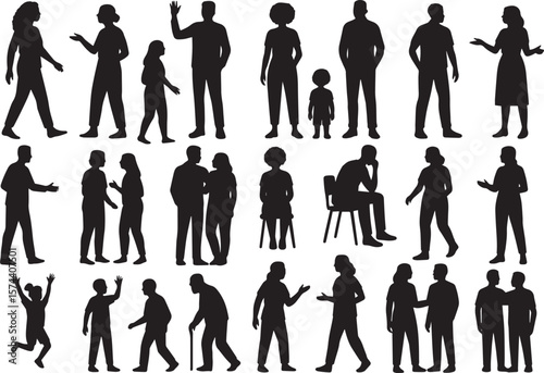 Diverse people silhouettes in various poses women children