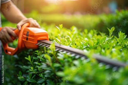 Gardener uses electric hedge trimmer to shape vibrant green bushes in sunny garden