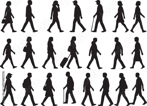 Diverse people walking silhouettes women