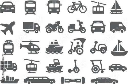 Diverse vehicles transportation modes icons train bicycle