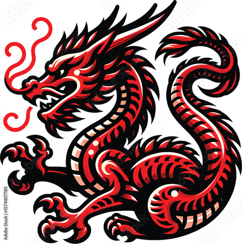 Fierce red and black dragon with sharp claws and flowing mane mythical creature fantasy