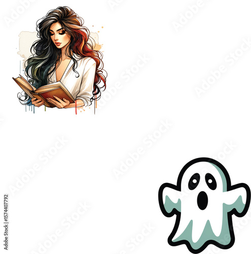 Woman reading book with colorful hair and ghost sticker vector