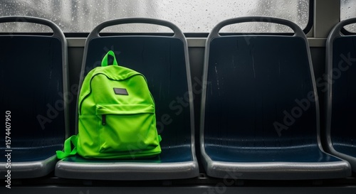 Bright green backpack on empty bus seats on a rainy day