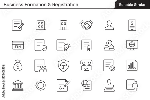 A set of editable line icons related to Business Formation & Registration. This vector file contains fully editable stroke lines for easy customization