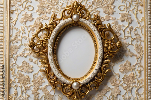 Ornate oval frame with floral embossed background gold white