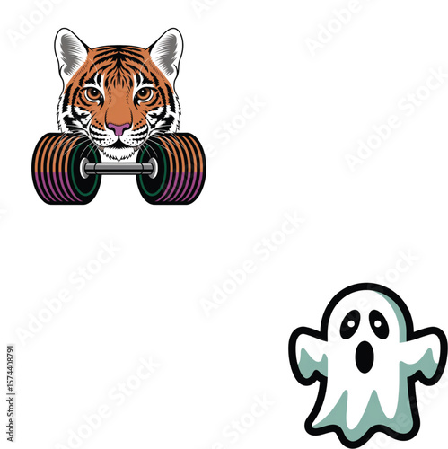 Tiger holding barbell ghost weights fitness