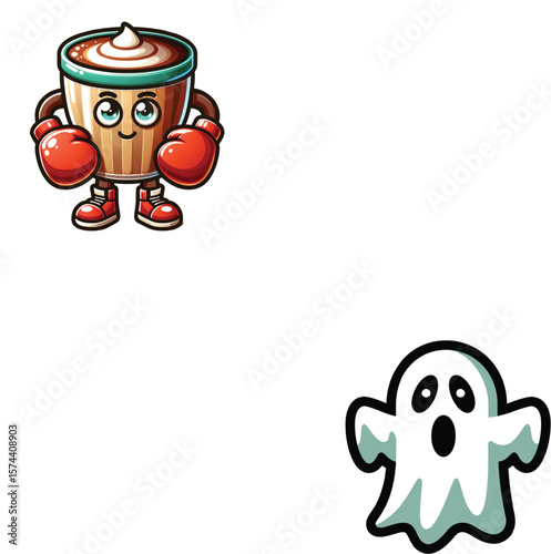 Cartoon coffee cup with boxing gloves and ghost character beverage drink
