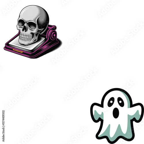 Gray skull on purple device with white pages and a white ghost halloween spooky