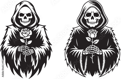 A hooded Grim Reaper skull holding a single rose, symbolizing death and beauty intertwined.