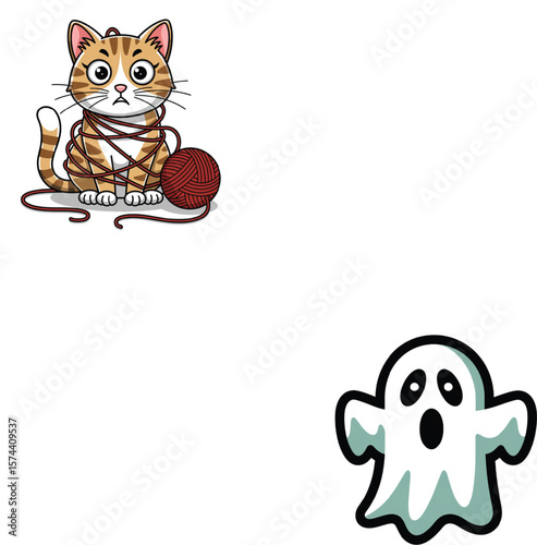 Orange tabby cat tangled in red yarn with a surprised expression next to a white ghost