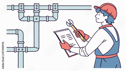 Cartoon Illustration of a Plumber Inspecting Pipes with a Wrench