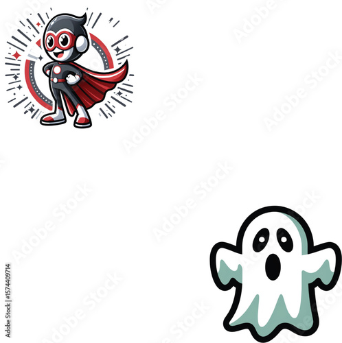 Cartoon superhero character and surprised ghost cape mask