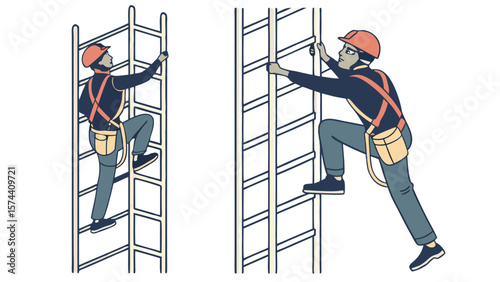Safety Illustration of Worker Climbing Ladder with Harness and Helmet