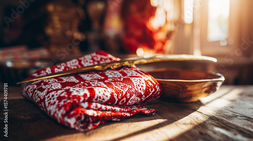Red-and-white batik textile beside a traditional keris dagger, celebrating Indonesian Independence Day with cultural pride.