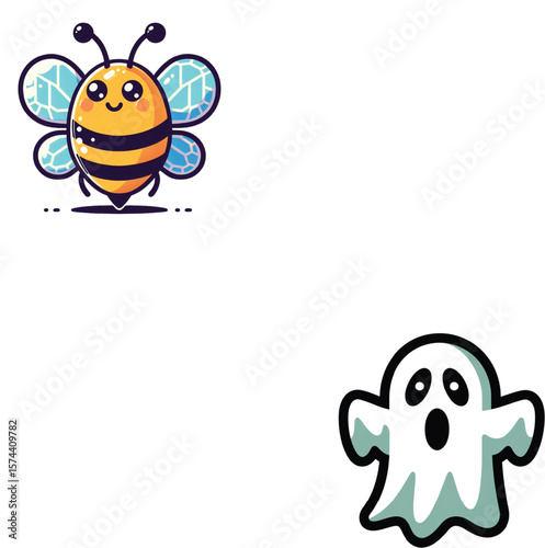Cute bee and surprised ghost animal sticker insect flying
