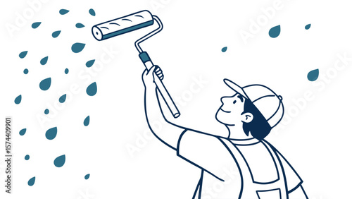 "Illustration of Painter with Roller Creating Falling Leaf Effect"