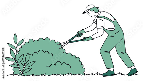 Gardener Trimming Hedges in Minimalist Illustration