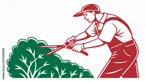 Gardener Trimming Bushes with Pruning Shears Illustration