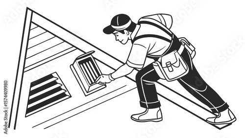 Rooftop Technician Adjusting Ventilation on Steep Roof