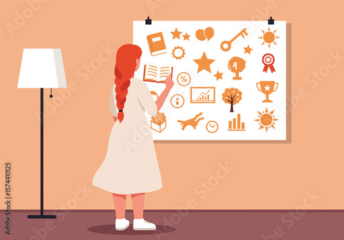Woman with Red Braided Hair Reading and Pointing at Vision Board.