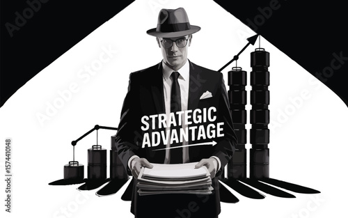 Man in suit holding papers with strategic advantage text and graph in black and white style image