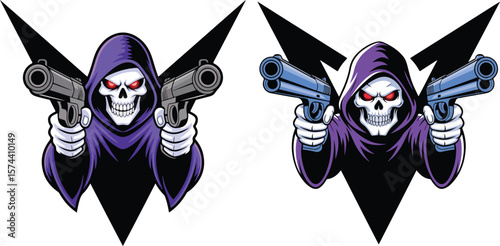  A menacing Grim Reaper skull in a hood, wielding dual pistols with aggressive intent.
