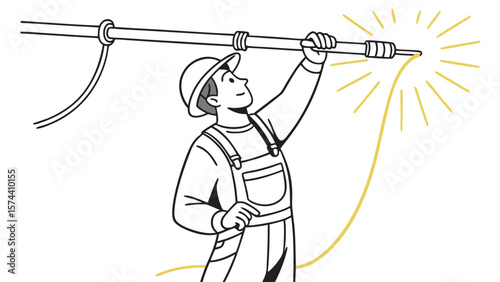Electrician Performing High Voltage Line Maintenance Illustration