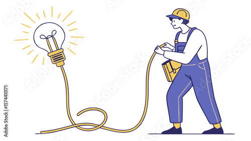 Electrician Energizing a Giant Light Bulb Illustration