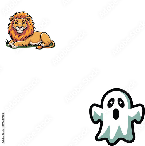 Majestic lion resting on grass and surprised ghost green