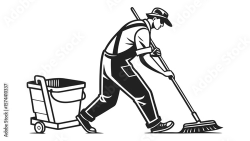 Monochrome Illustration of Janitor Sweeping with Mop and Bucket