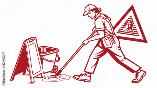 Worker Mopping Floor with Caution Sign Illustration