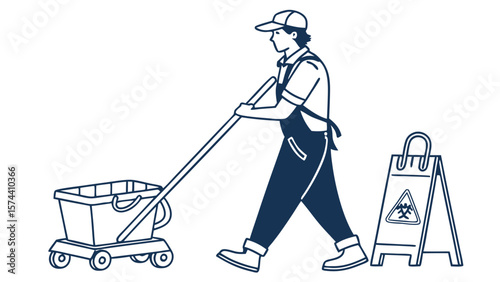 Janitorial Worker Cleaning with Mop and Caution Sign Illustration
