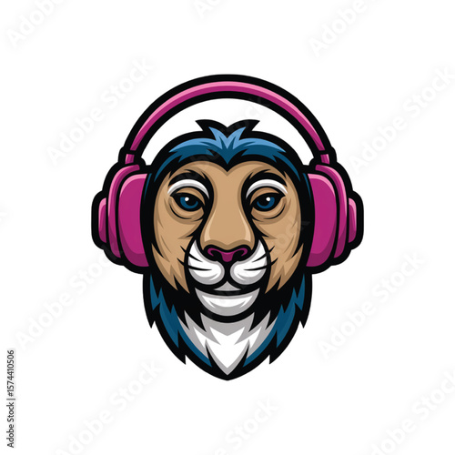 Fierce lion with headphones listening to music animal