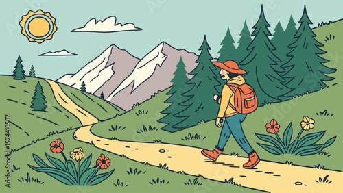 "Illustrated Hiker Exploring Scenic Mountain Path in Spring"