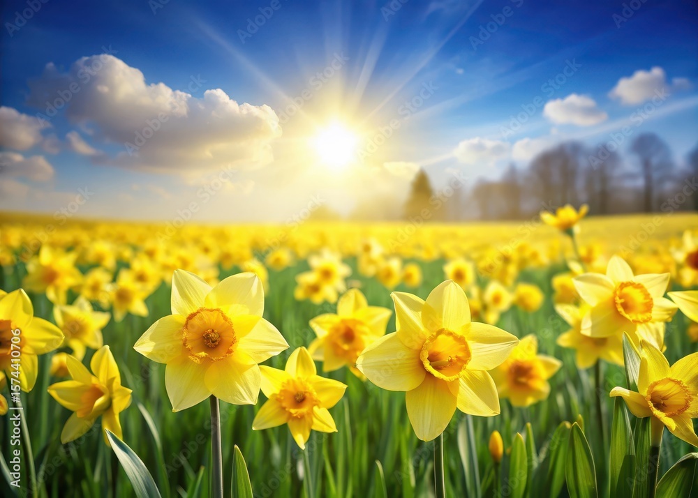 Fototapeta premium Sunny Daffodil field in bloom with bright yellow flowers swaying gently in the breeze