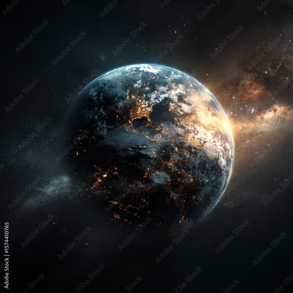 Obraz premium The Blue Planet, Earth, shines beautifully against the dark backdrop of space, showcasing its vibrant blue oceans and green continents, symbolizing life and harmony in the universe.